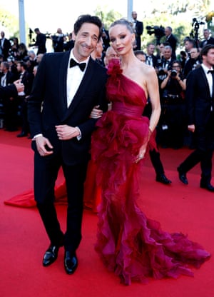 Oscar-winner Adrien Brody at the premiere of A Private Life with his partner, designer and ex-wife of Harvey Weinstein Georgina Chapman, wearing Marchesa of course,