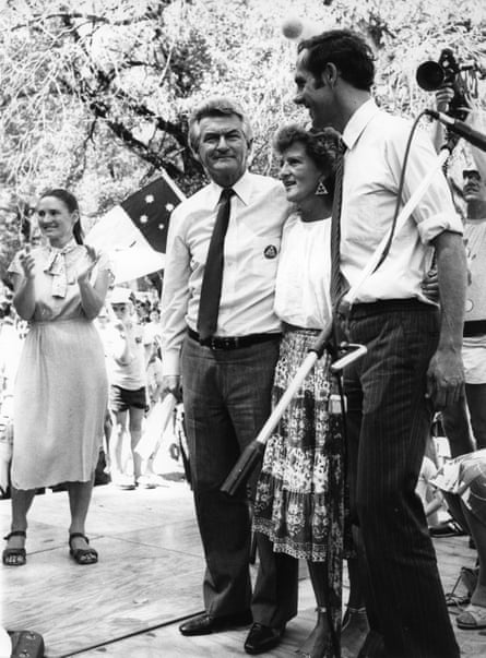 Bob and Hazel Hawke with Karen Alexander and Bob Hawke at the Franklin River protest in Melbourne
