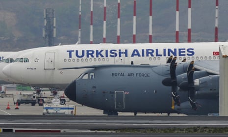 A Royal Air Force plane at Istanbul Airport on April 21 which reportedly brought the 400,000 gowns from Turkey