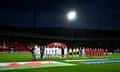 Armenia and Wales players standing for the national anthems before the Euro 2024 qualifier at Vazgen Sargsyan Republican Stadium.
