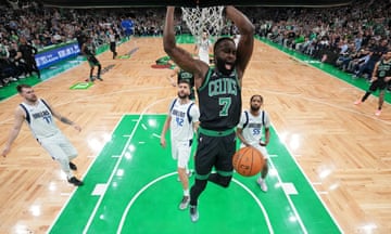 Jaylen Brown dunks the ball as the Boston Celtics take on the Dallas Mavericks in Game 2 of the NBA finals