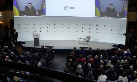 Ukrainian President Volodymyr Zelenskiy speaks via video link to the Munich Security Conference on Friday. 