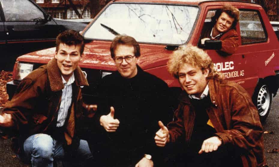 Norwegian pop group A-ha with their electric Fiat Panda