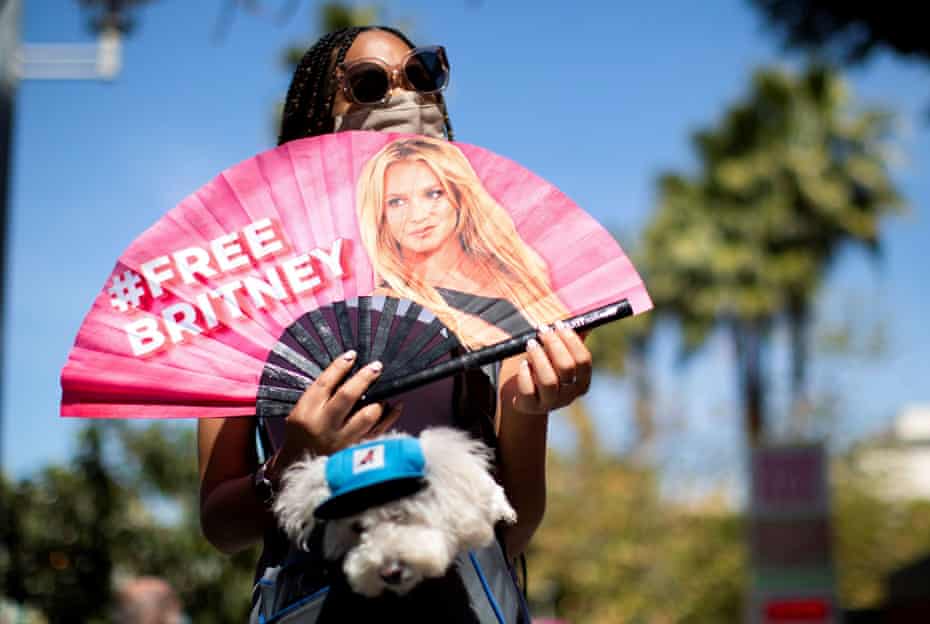 A Britney Spears supporter outside a Los Angeles courthouse during a conservatorship case hearing in March.