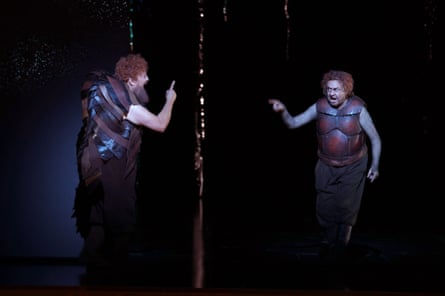 Alberich (Warwick Fyfe) and Mime (Andreas Conrad) in their beetle costumes during Siegfried