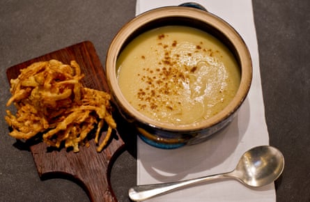 Parsnip soup with onion bhaji.