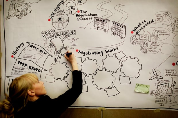 A woman works on an explanatory graphic