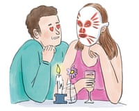 Man and woman sitting at dinner table. Man has hearts for eyes and is looking at the woman who has on red light mask and is holding a champagne glass