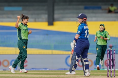 Pakistan's Diana Baig celebrates the wicket of England's Tammy Beaumont.
