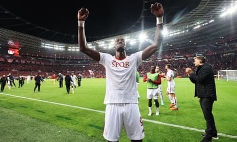 Tammy Abraham celebrates after Roma’s victory over Bayer Leverkusen in the Europa League semi-finals.