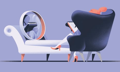 Illustration of mirror on couch and woman in chair by Michele Marconi