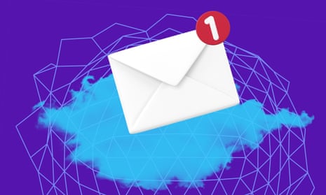 Graphic illustration shows an email notification symbol with a cloud and a frame.