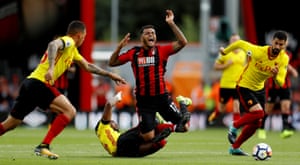 Bournemouth’s Joshua King goes airborne after the challenge from Watford’s Nathaniel Chalobah. Watford grab all three points winning 2-0 at the Vitality Stadium.