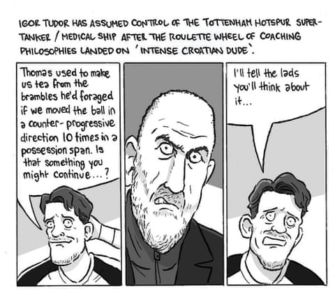 David Squires cartoon on … a dose of reality for Igor Tudor after Arsenal’s visit to Dr Tottenham, panel 1
