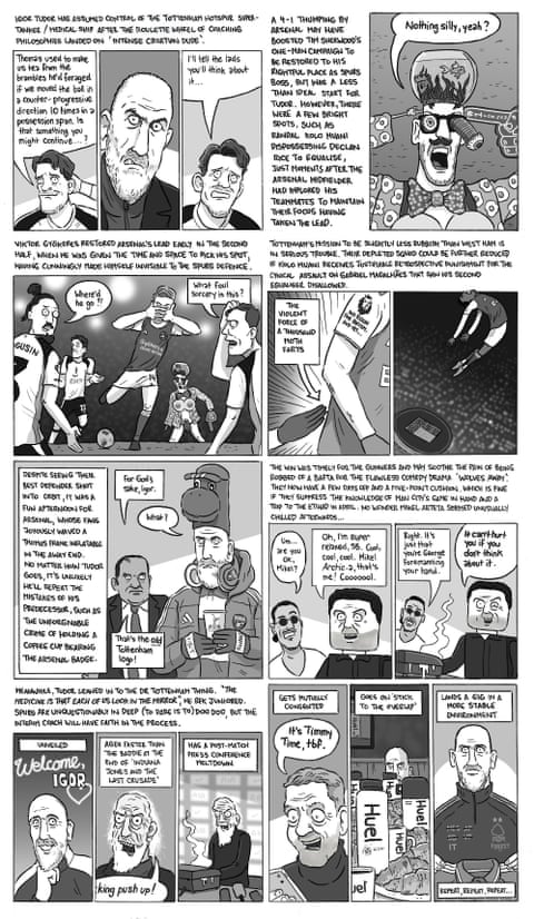 David Squires cartoon on … a dose of reality for Igor Tudor after Arsenal’s visit to Dr Tottenham, panel 1