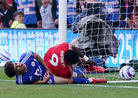 Nottingham Forest’s Taiwo Awoniyi collides with the goalpost during the draw with Leicester at the City Ground