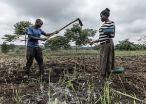 Two people in a field. A man works the soil while a woman scatters seeds