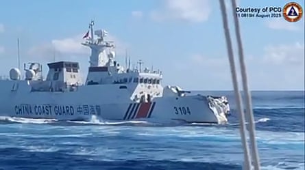 This handout video grab taken by the Philippine Coast Guard shows a Chinese Coast Guard ship with a damaged bow after an incident with a Chinese Navy vessel on Monday.