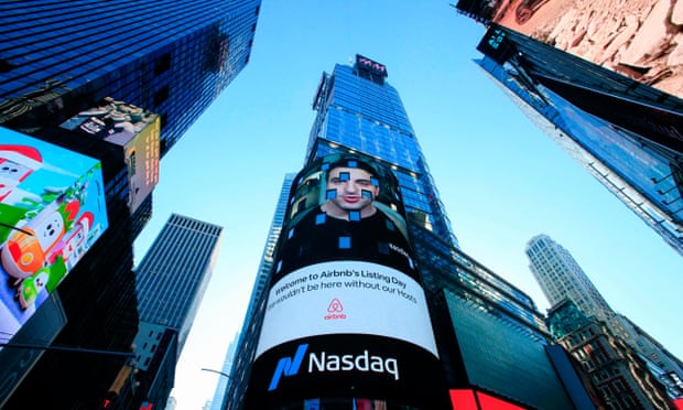 The Airbnb logo displayed on the Nasdaq digital billboard in Times Square. Airbnb now has over 7m short-term listings worldwide.
