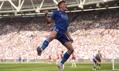 Harvey Barnes of Leicester City celebrates his injury time equaliser.