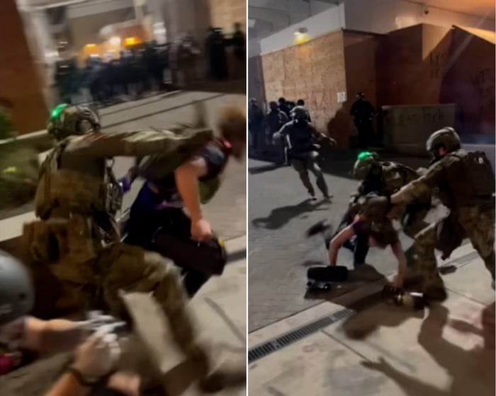 Veteran Daryn Herzberg tackled by federal agents at Ice protest in Oregon on 13 August – video