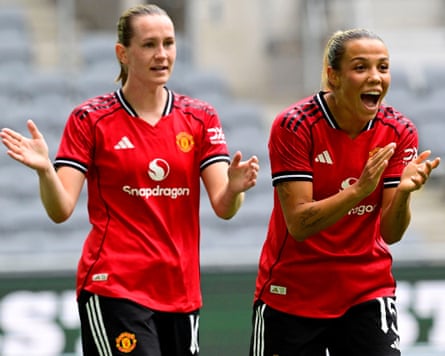 Celin Bizet (right) expresses delight aft making it 2-0 to Manchester United.