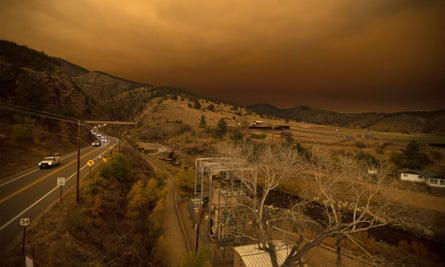 Evacuees drive through a traffic jam while fleeing the East Troublesome fire in Colorado.