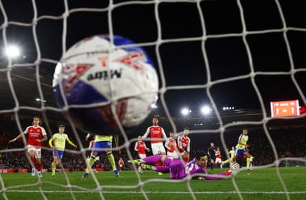 Kepa Arrizabalaga looks back as the shot from Southampton's Shea Charles hits the back of the Arsenal net