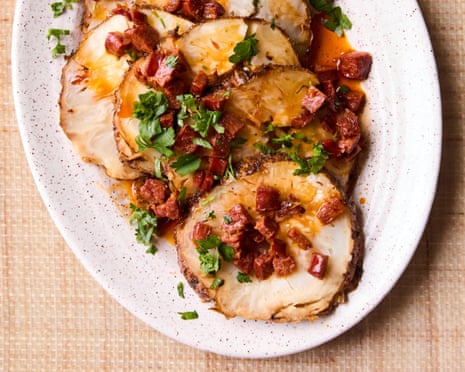 José Pizarro’s slow-roast celeriac with rosemary and crisp chorizo.