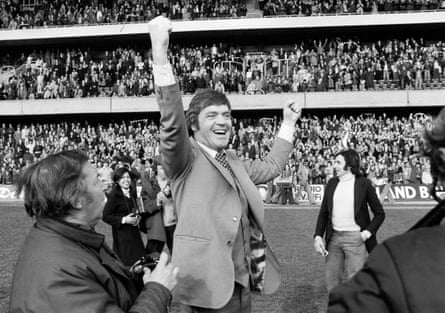 Southampton manager Lawrie McMenemy celebrating the semi-final win over Crystal Palace at Stamford Bridge.