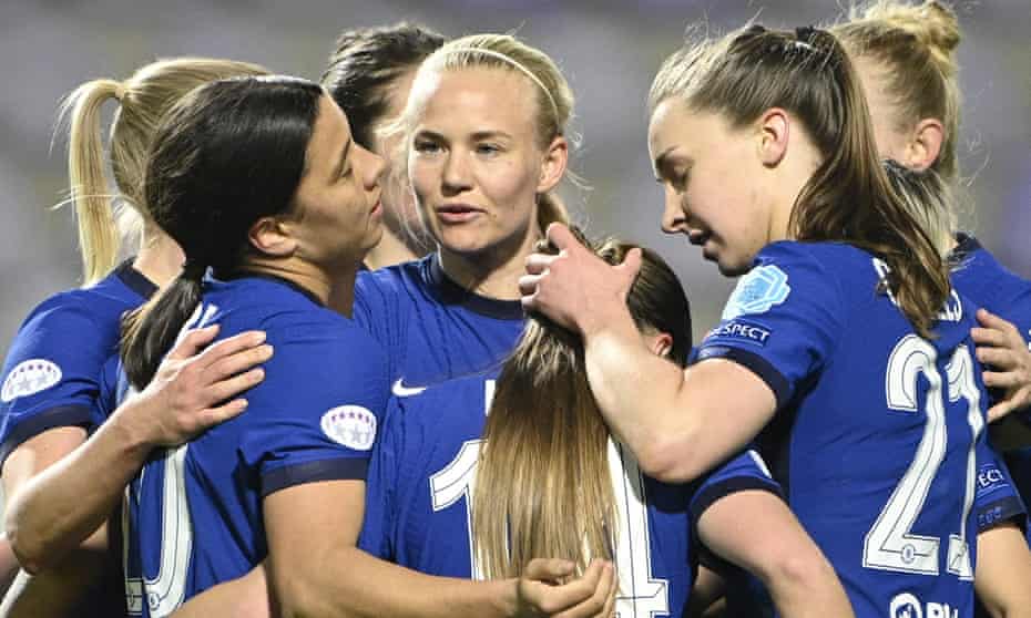 Pernille Harder is at the heart of Chelsea celebrations after scoring against her former team Wolfsburg