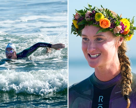 A composite of two images, one showing a woman swimming in ocean water, and the other showing her smiling while wearing a flower crown.