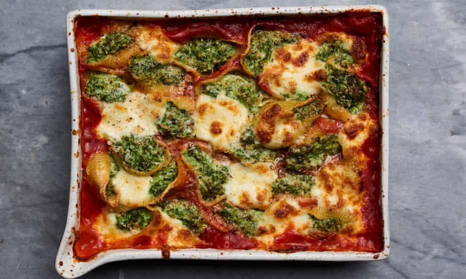 Gizzi Erskine’s kale, spinach and ricotta stuffed conchiglioni. Photographs: Issy Croker for the Guardian. Food styling: Emily Ezekiel