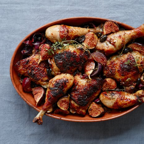 Thomasina Miers roast chicken legs with sticky figs, red onions and oloroso vinegar.