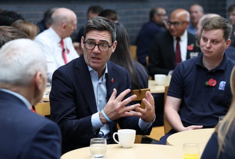 Andy Burnham speaking to apprentices during a visit to the Rolls-Royce factory in Derby.