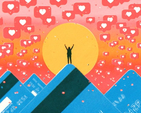 Silhouette celebrating atop credit cards, surrounded by floating social media likes