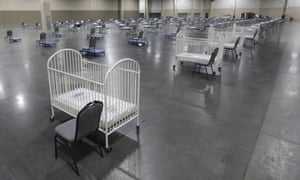 Cots and cribs at the Mountain America Expo Centre in Sandy, Utah in April 2020.