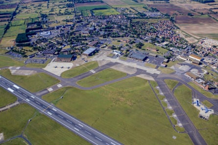 Aerial view of the runway and hangars at RAF Mildenhall.