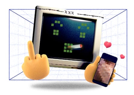 Illustration of a computer smoking, holding a phone with a pixellated screen and giving the middle finger