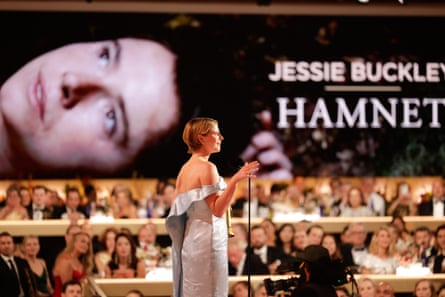 Jessie Buckley accepts the Best Performance by a Lead Actress in a Motion Picture – Drama award for Hamnet.
