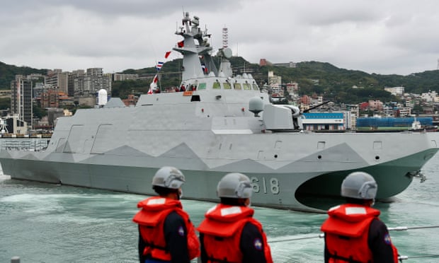 Taiwan navy personnel looks on during a drill in January. 