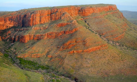 a tall flat mountain of red rock with green scrubby bush