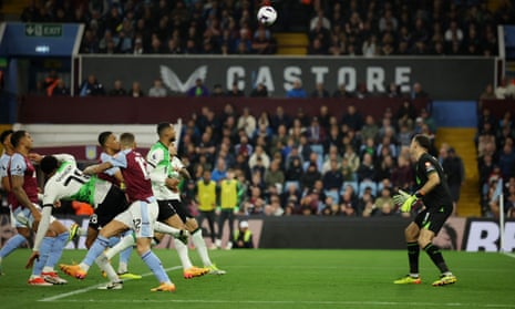 Liverpool’s Jarell Quansah scores their third goal at Aston Villa with a header.