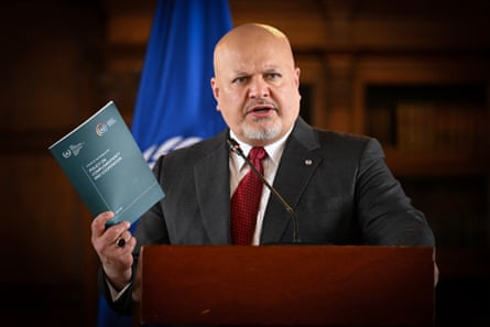 International criminal court (ICC) Prosecutor Karim Khan speaks during a press conference at the San Carlos Palace in Bogotá
