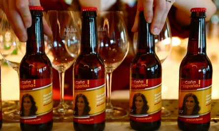 Beer bottle labels featuring Ayuso.