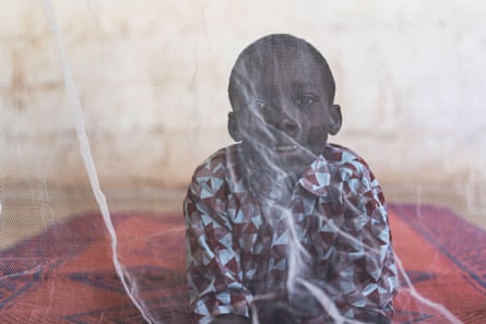 A boy behind a mosquito net