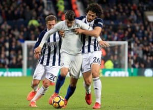 Álvaro Morata of Chelsea tussles with Ahmed Hegazy and Grzegorz Krychowiak of West Brom. The 4-0 defeat was Tony Pulis’ joint heaviest home Premier League loss