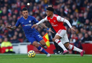Arsenal’s Reiss Nelson in action with Chelsea’s Emerson Palmieri.