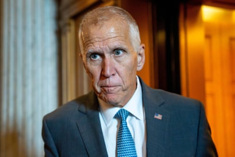 Sen. Thom Tillis answers questions from reporters after leaving the Senate chamber during a vote-a-rama at the US Capitol on 30 June 2025.