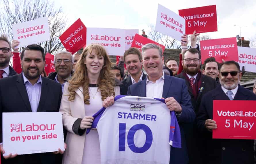 Kier Starmer and his deputy, Angela Rayner, at the launch of Labour’s local election campaingn in Bury today.